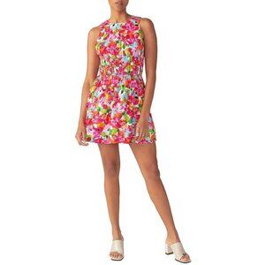 NWT Sanctuary Smocked Mini Fit & Flare Dress Geranium Floral Pink Green Size L